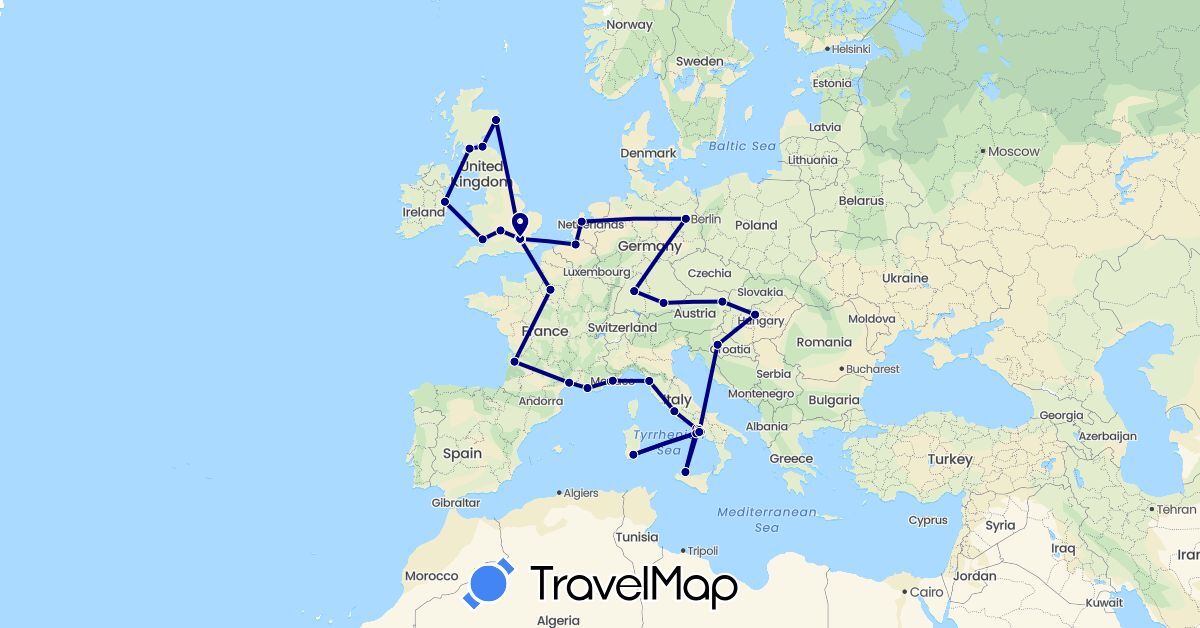 TravelMap itinerary: driving in Austria, Belgium, Germany, France, United Kingdom, Croatia, Hungary, Ireland, Italy, Monaco, Netherlands, Vatican City (Europe)